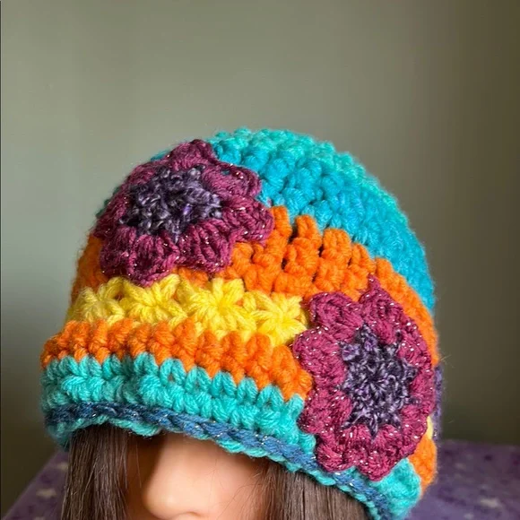 Colorful Crochet Beanie Hat medium acrylic yarn with sparkles new - Picture 3 of 7